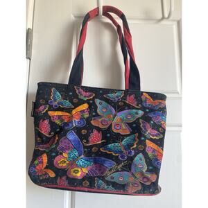 Laurel Burch Butterfly Design Canvas Medium Tote Shoulder Handbag Purse Zip READ